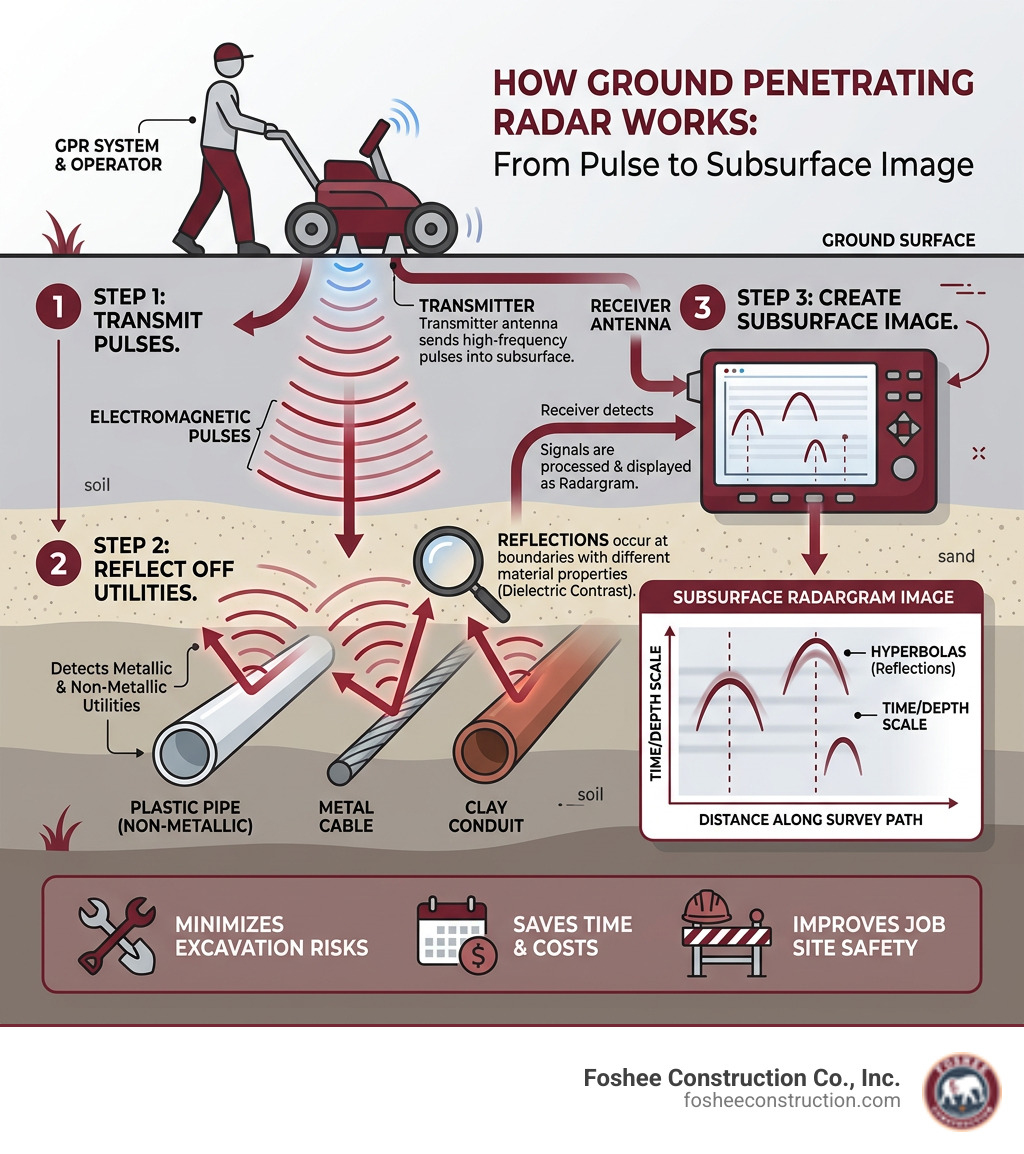 How GPR radar pulses transmit into ground and reflect off buried utilities to create subsurface images - ground penetrating