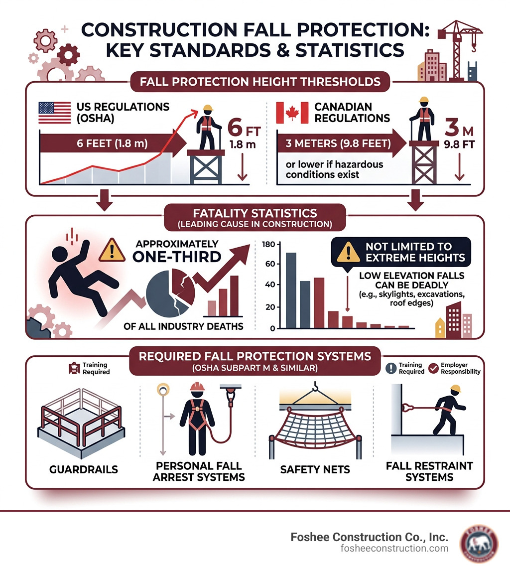 Fall protection height thresholds, fatality statistics, and required systems by regulation - construction fall protection Fall protection height thresholds, fatality statistics, and required systems by regulation - construction fall protection