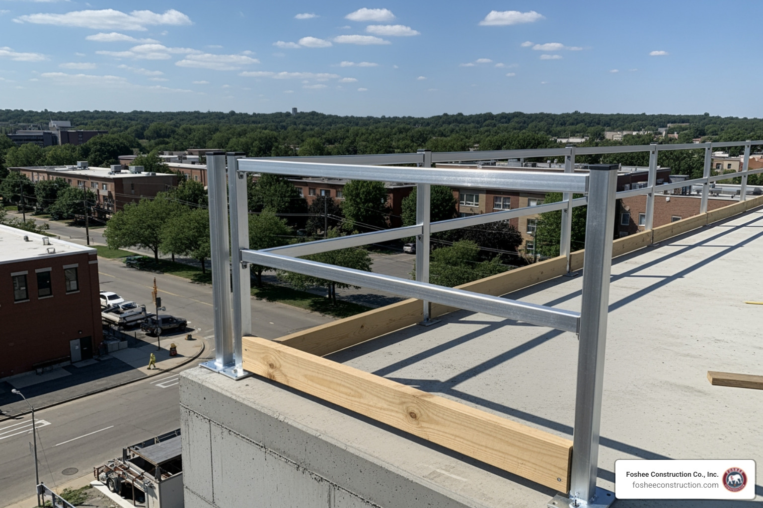 A compliant guardrail system with top rail, midrail, and toeboard - construction fall protection A compliant guardrail system with top rail, midrail, and toeboard - construction fall protection