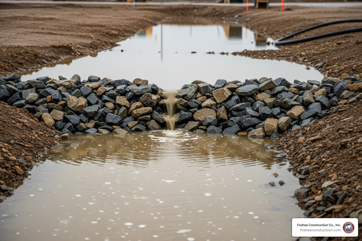 Water ponding behind a riprap barrier in a drainage ditch during a rain event - erosion control rock check dams Water ponding behind a riprap barrier in a drainage ditch during a rain event - erosion control rock check dams