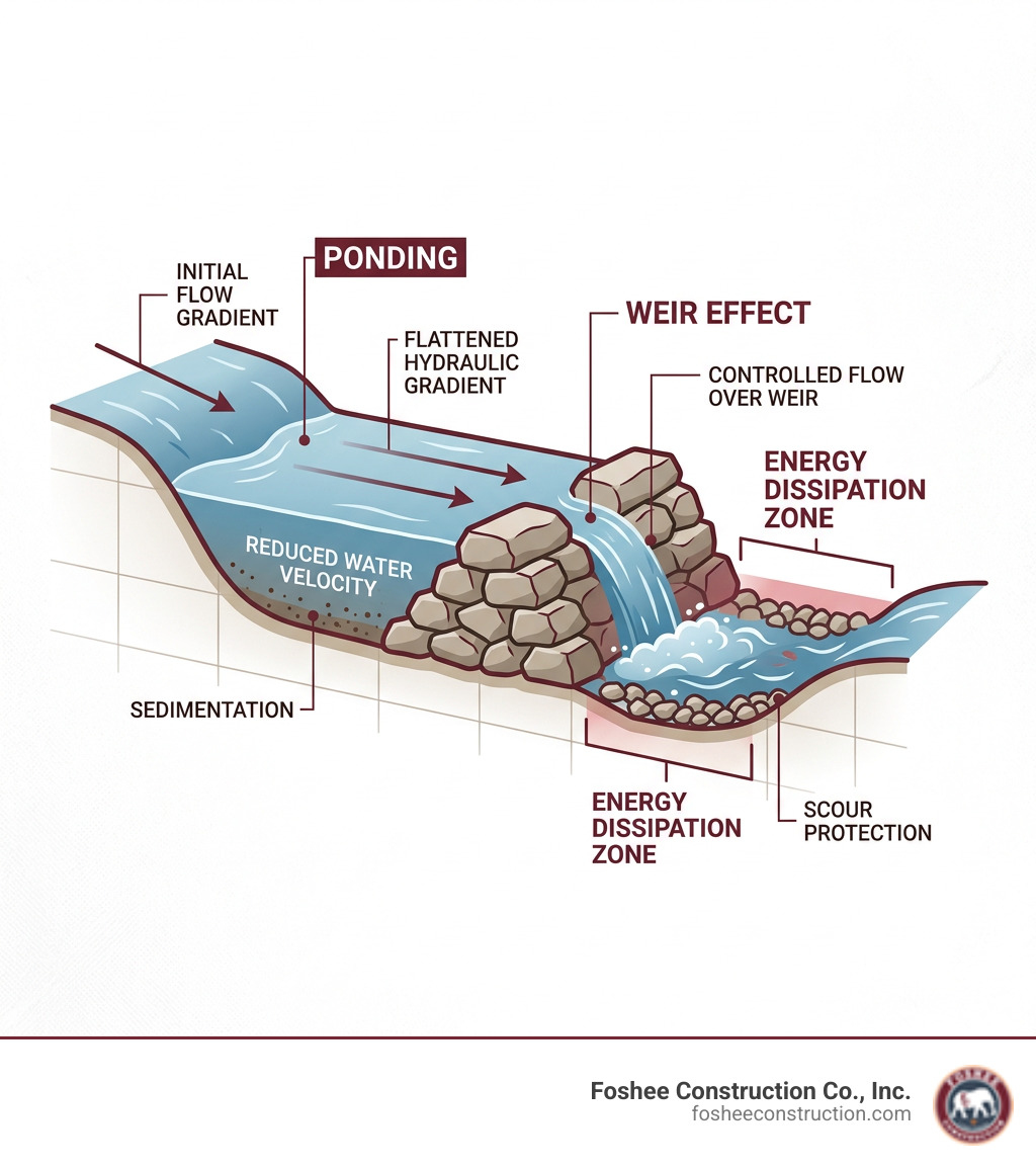 Diagram showing weir effect, energy dissipation zones, and ponding behind a rock check dam in a swale - erosion control rock Diagram showing weir effect, energy dissipation zones, and ponding behind a rock check dam in a swale - erosion control rock