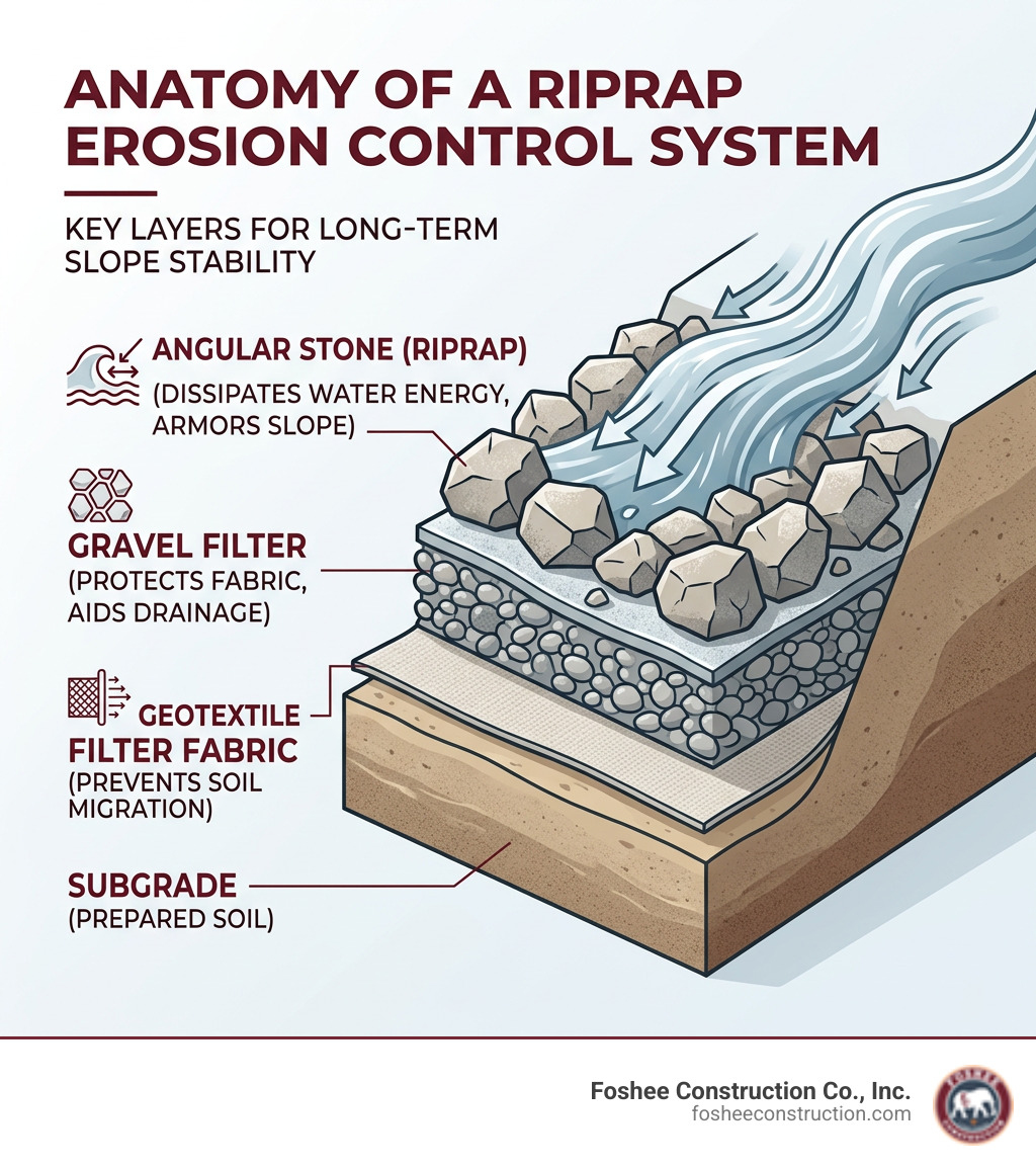 Riprap installation layers infographic showing subgrade, geotextile filter fabric, gravel filter, and angular stone Riprap installation layers infographic showing subgrade, geotextile filter fabric, gravel filter, and angular stone