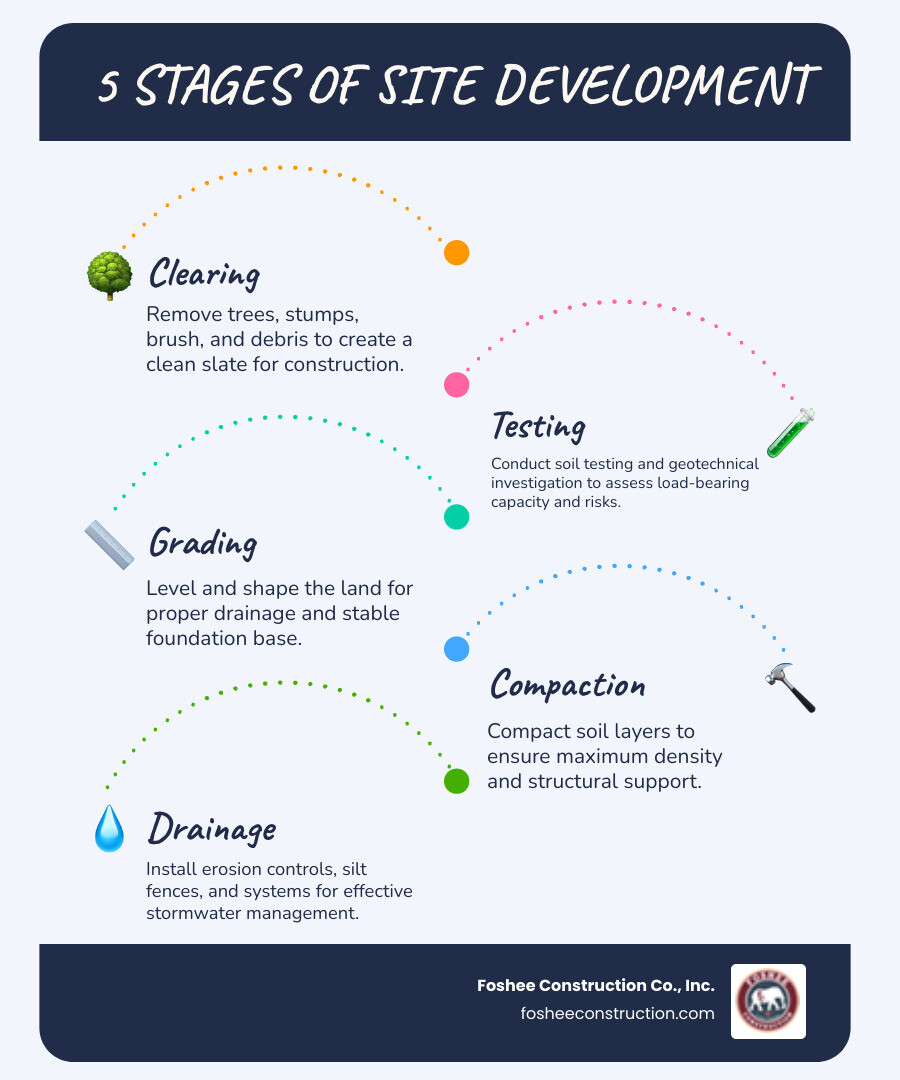 5 stages of site development: clearing, testing, grading, compaction, drainage - site preparation services infographic 5 stages of site development: clearing, testing, grading, compaction, drainage - site preparation services infographic