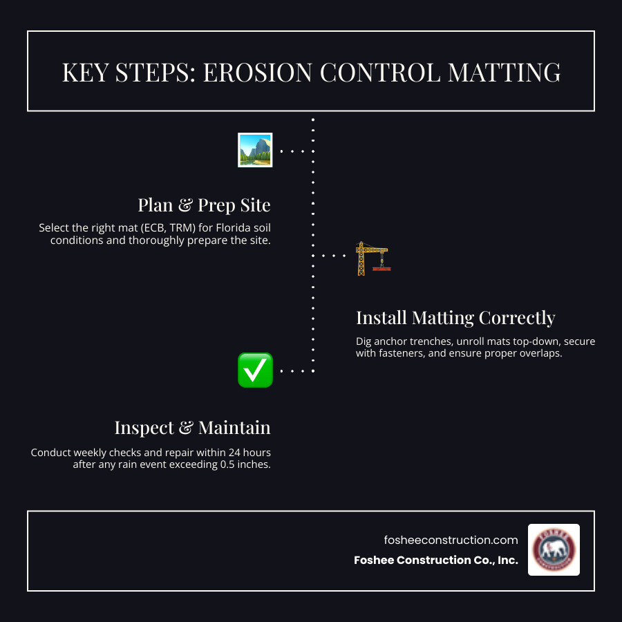 Steps of erosion control matting installation from site prep to inspection on a Florida slope - erosion control matting Steps of erosion control matting installation from site prep to inspection on a Florida slope - erosion control matting
