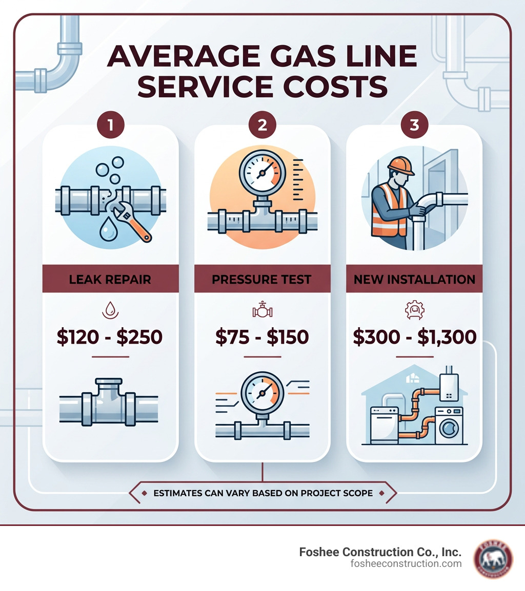 Table comparing average costs: Leak repair $120-$250, Pressure test $75-$150, New installation $300-$1,300 - gas line Table comparing average costs: Leak repair $120-$250, Pressure test $75-$150, New installation $300-$1,300 - gas line