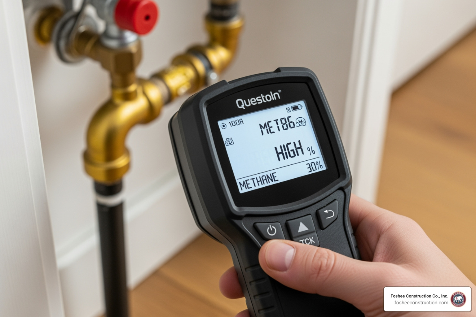 Digital gas leak detector showing high levels of methane - gas line contractors near me Digital gas leak detector showing high levels of methane - gas line contractors near me