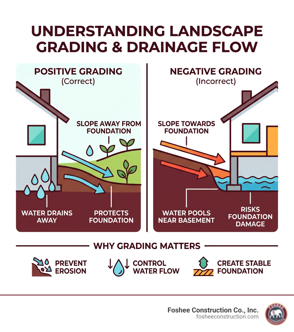 Infographic explaining positive vs. negative grading and drainage flow direction - landscape grading contractors infographic 