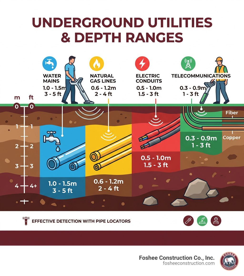Infographic showing types of underground utilities detectable by pipe locators and their depth ranges - underground pipe Infographic showing types of underground utilities detectable by pipe locators and their depth ranges - underground pipe