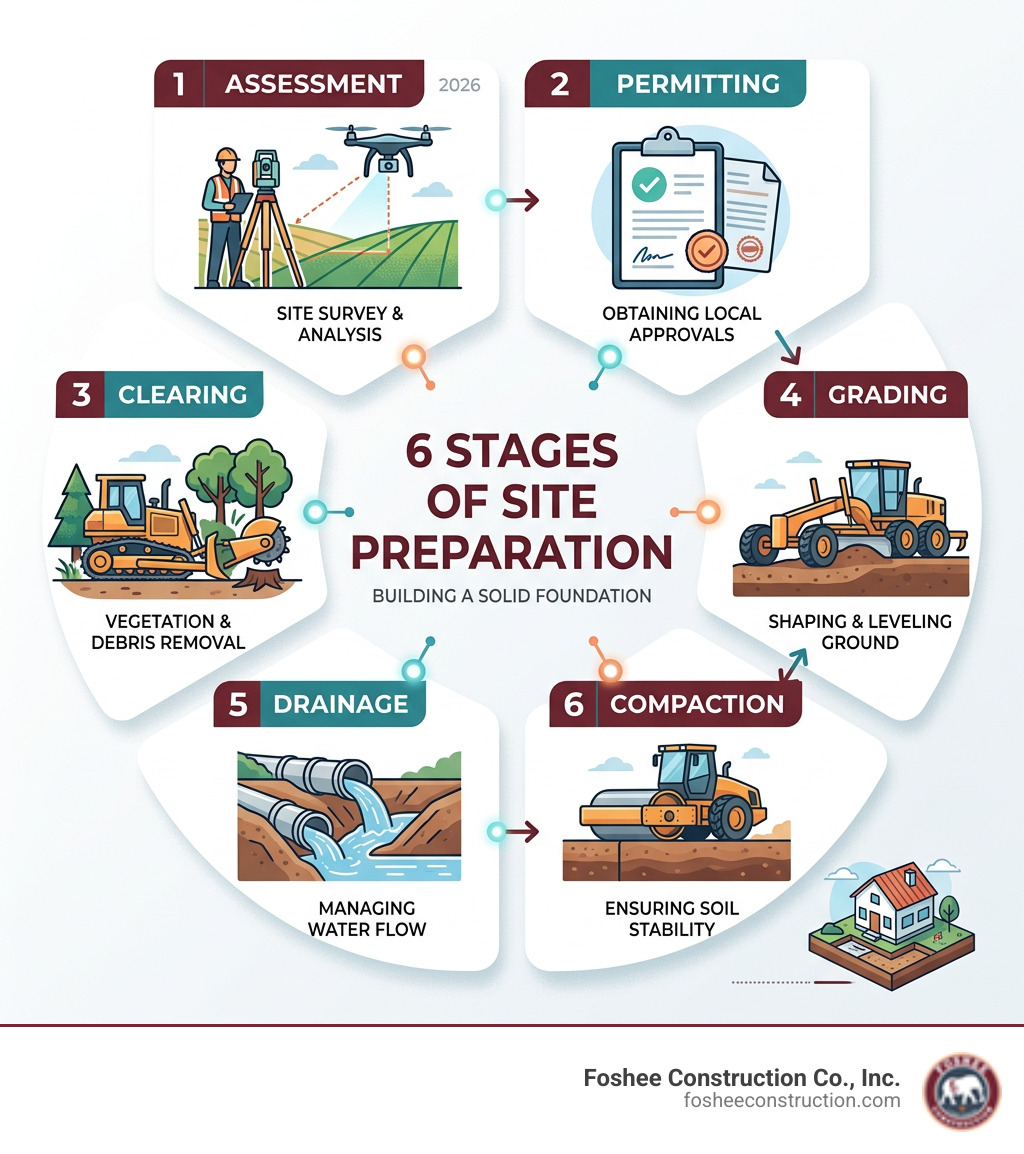 6 stages of site preparation: assessment, permitting, clearing, grading, drainage, compaction - land clearing and site