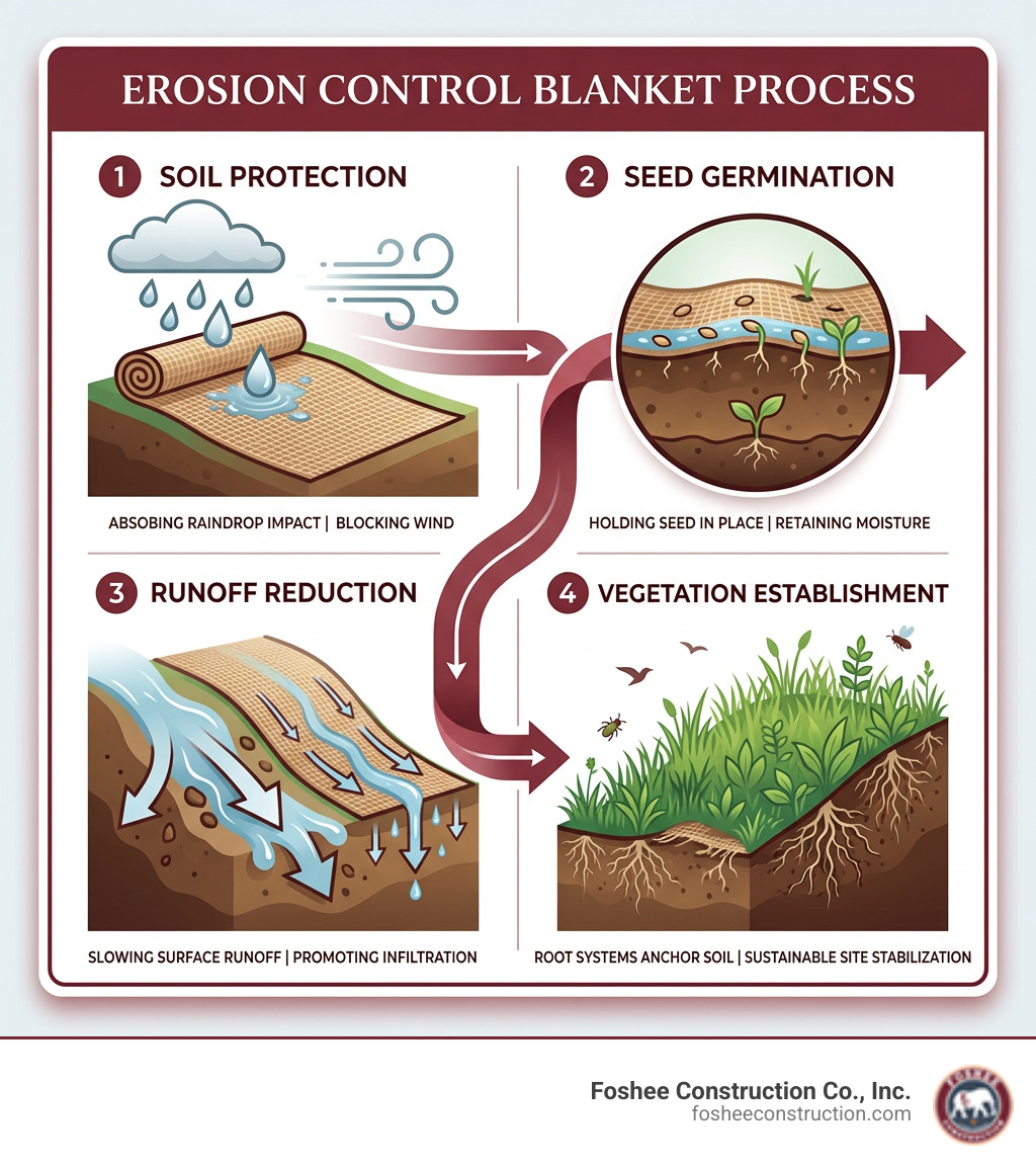 Erosion control blanket process: soil protection, seed germination, runoff reduction, vegetation establishment - erosion Erosion control blanket process: soil protection, seed germination, runoff reduction, vegetation establishment - erosion