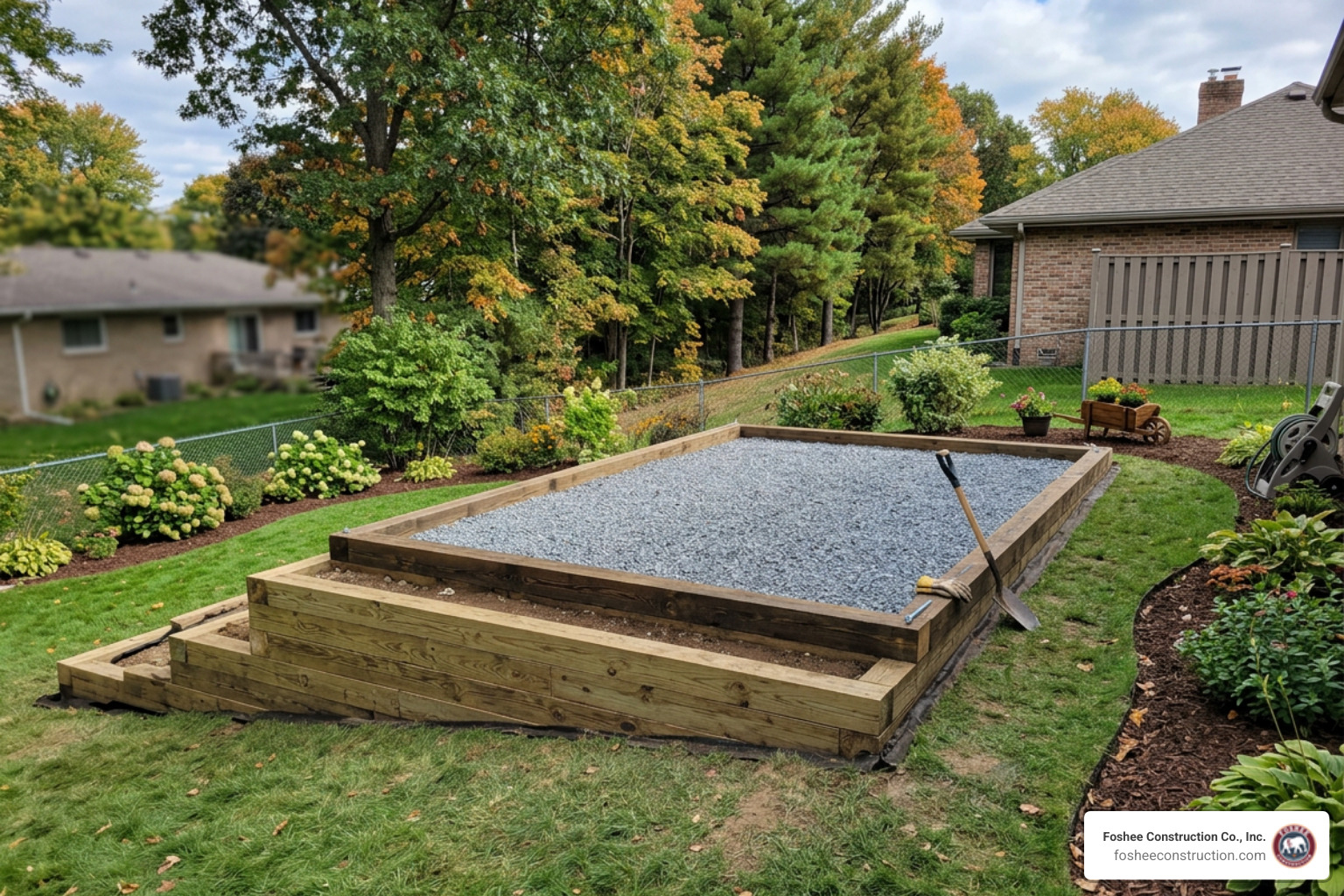 Gravel shed pad with pressure-treated timber perimeter - shed foundation contractors near me
