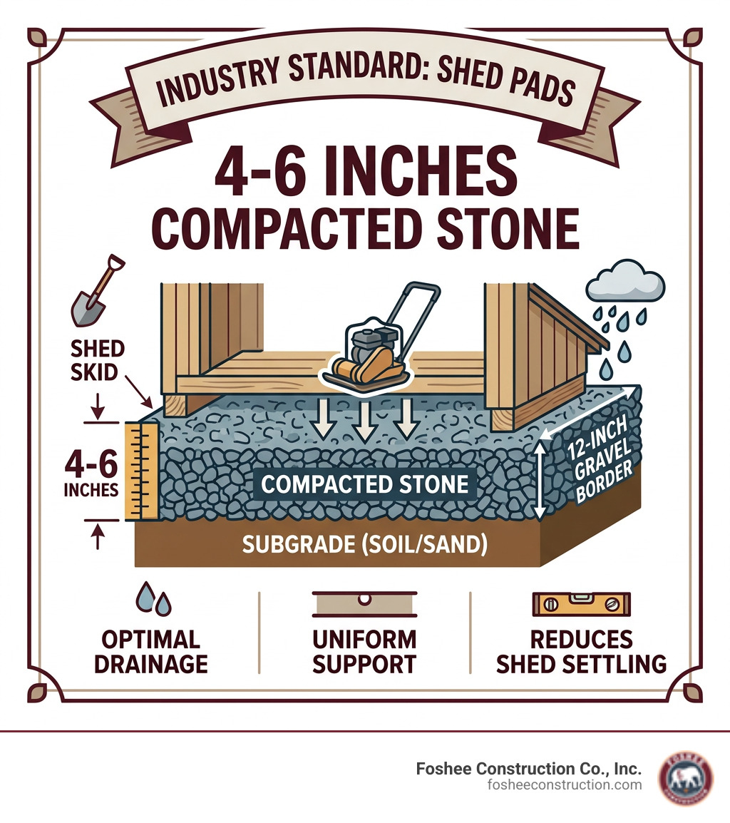 Infographic showing that 4-6 inches of compacted stone is the industry standard for shed pads - shed foundation contractors