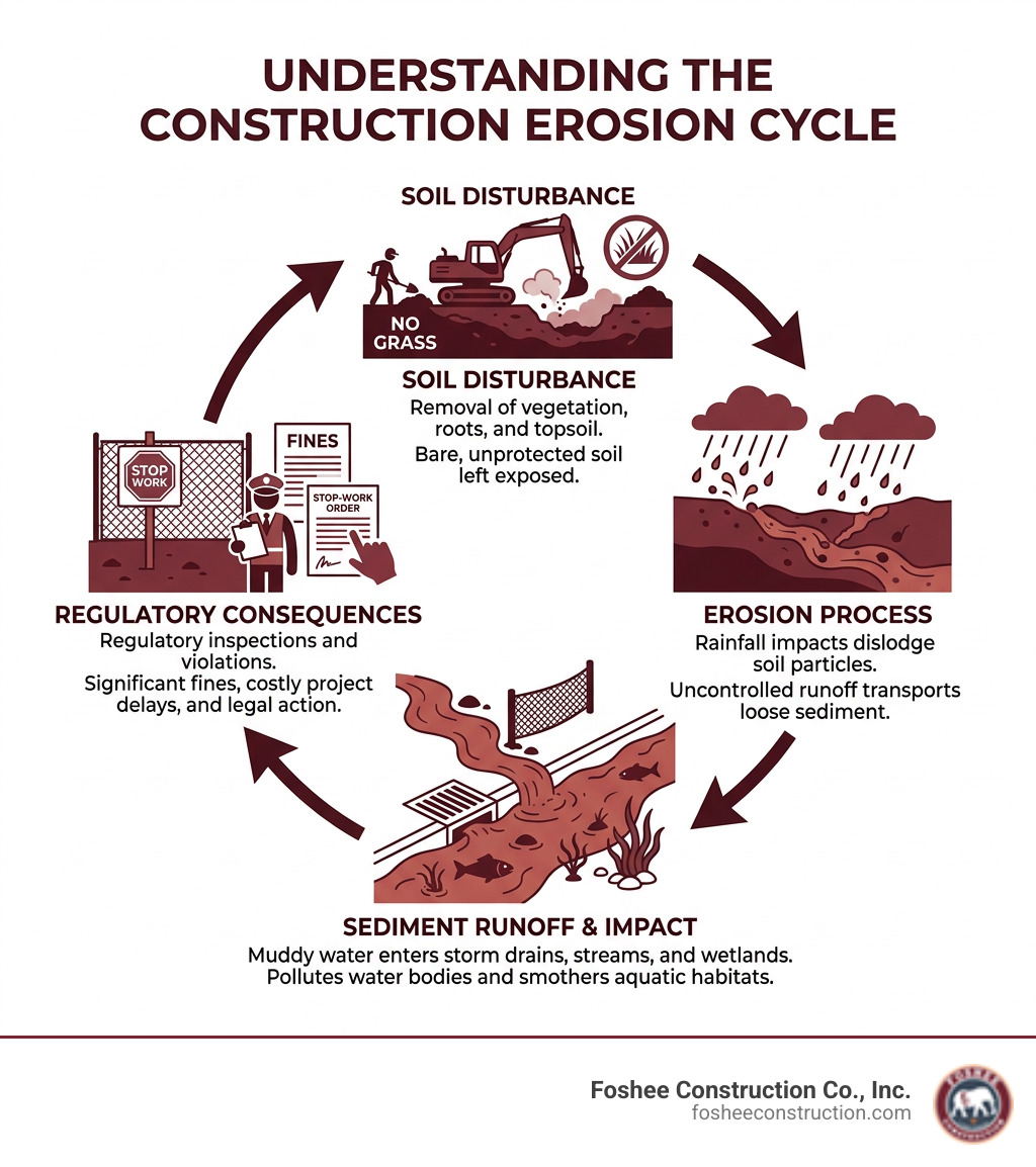 Infographic showing the construction erosion cycle from soil disturbance to sediment runoff and regulatory consequences