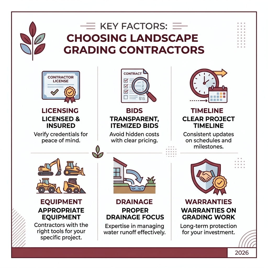 Key factors for choosing landscape grading contractors: licensing, bids, timeline, equipment, drainage, warranties