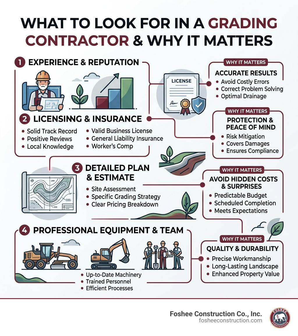 Infographic showing what to look for in a grading contractor and why it matters - landscape grading contractors near me