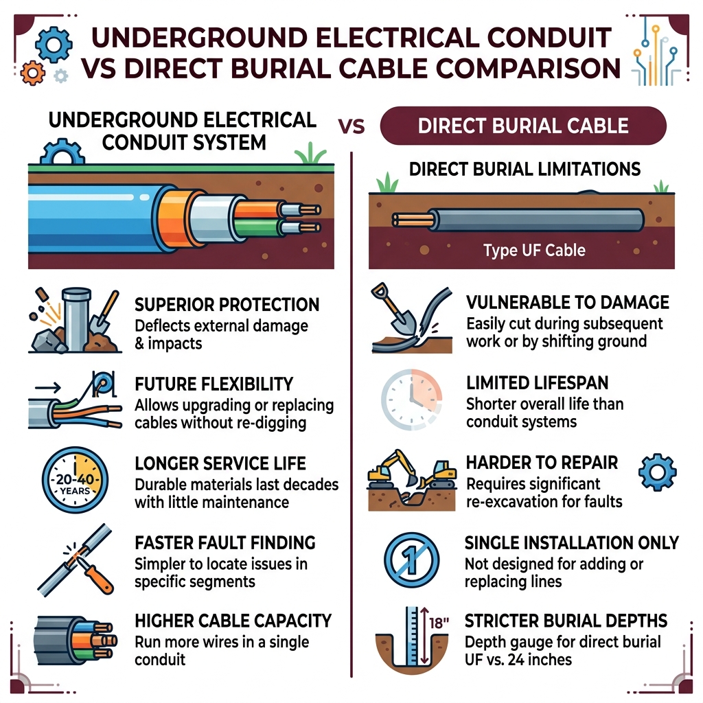 Benefits of underground electrical conduit vs direct burial cable comparison infographic - underground electrical conduit