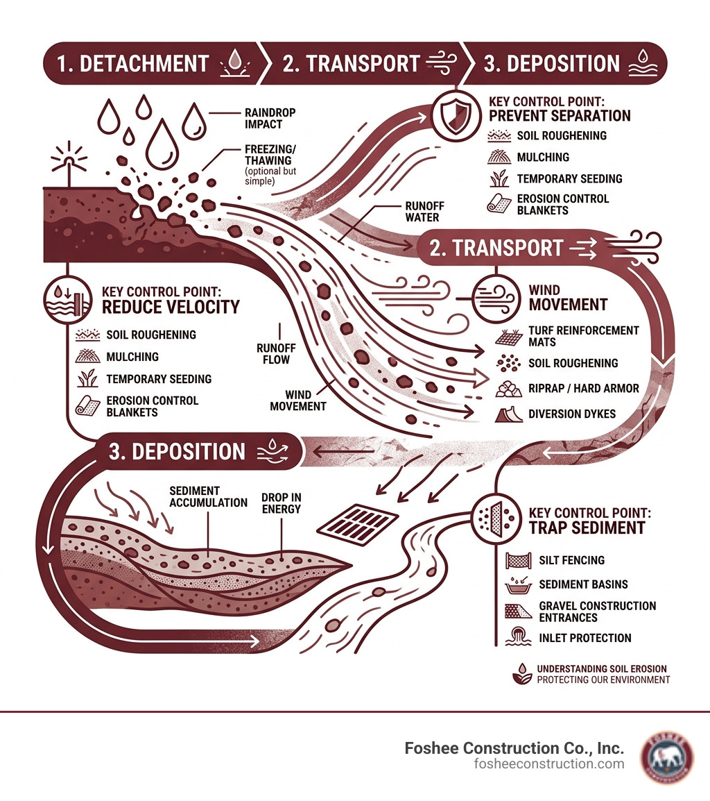 Stages of soil erosion from detachment to transport to deposition with key control points - erosion control measure Stages of soil erosion from detachment to transport to deposition with key control points - erosion control measure