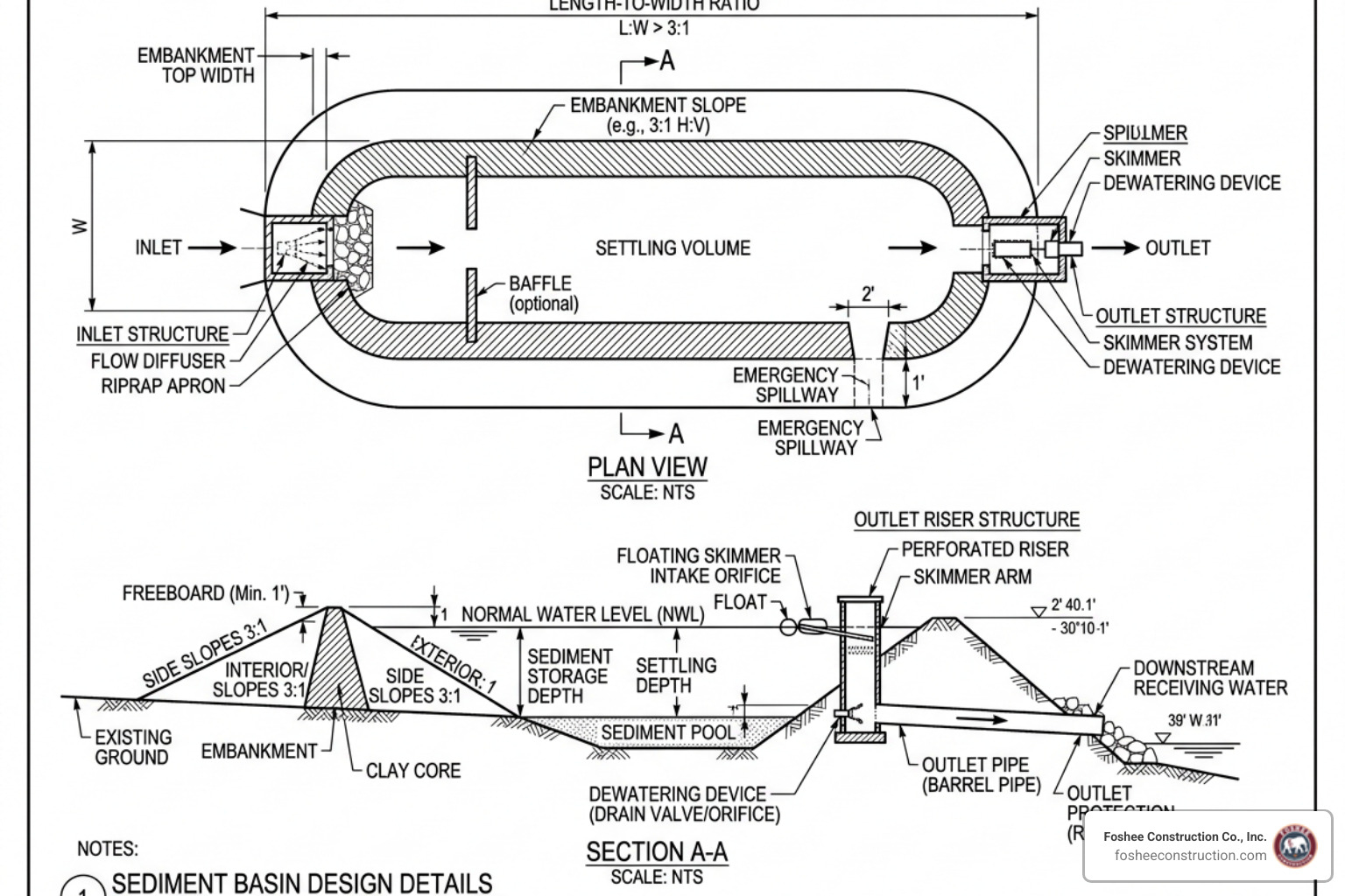 Diagram showing sediment basin design with length-to-width ratio, inlet, and skimmer - sediment basin installation fl Diagram showing sediment basin design with length-to-width ratio, inlet, and skimmer - sediment basin installation fl