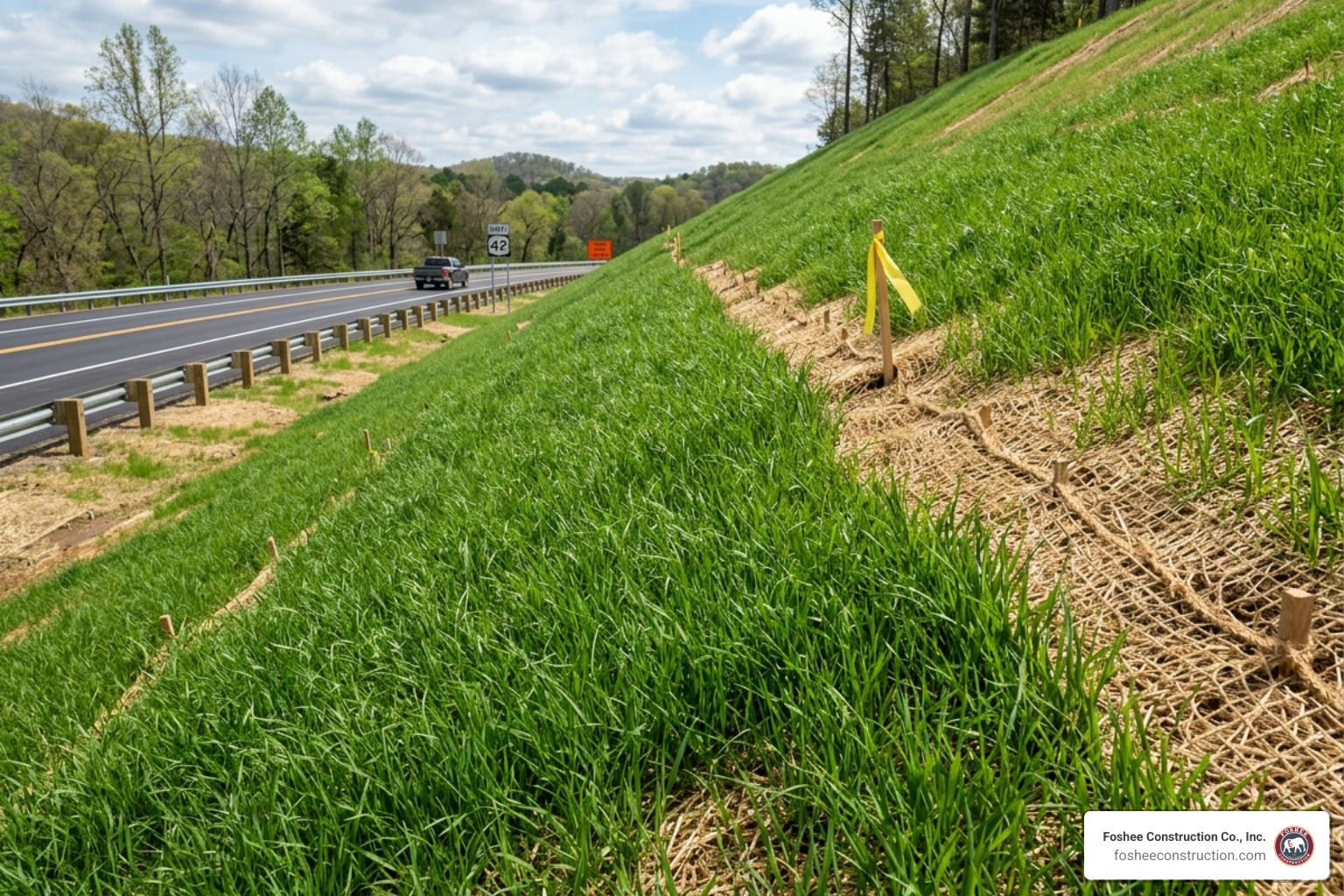 Lush green grass growing uniformly through a straw erosion control blanket on a stabilized slope - erosion control blanket Lush green grass growing uniformly through a straw erosion control blanket on a stabilized slope - erosion control blanket