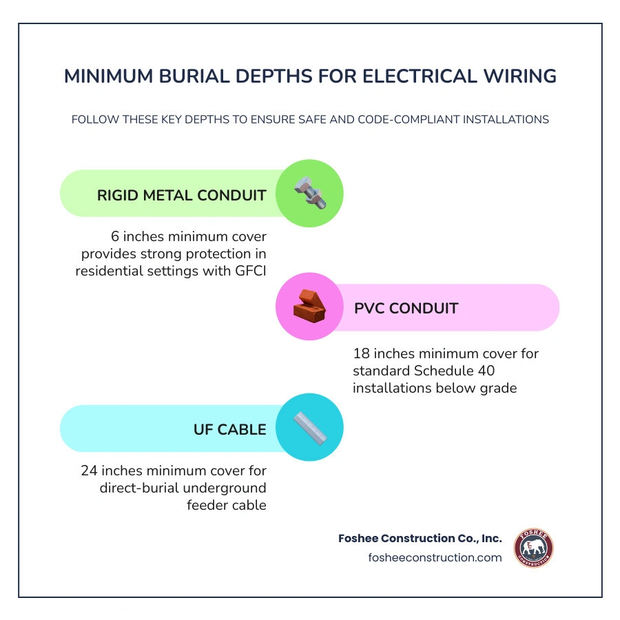 Infographic of minimum burial depths for electrical wiring methods infographic Infographic of minimum burial depths for electrical wiring methods infographic