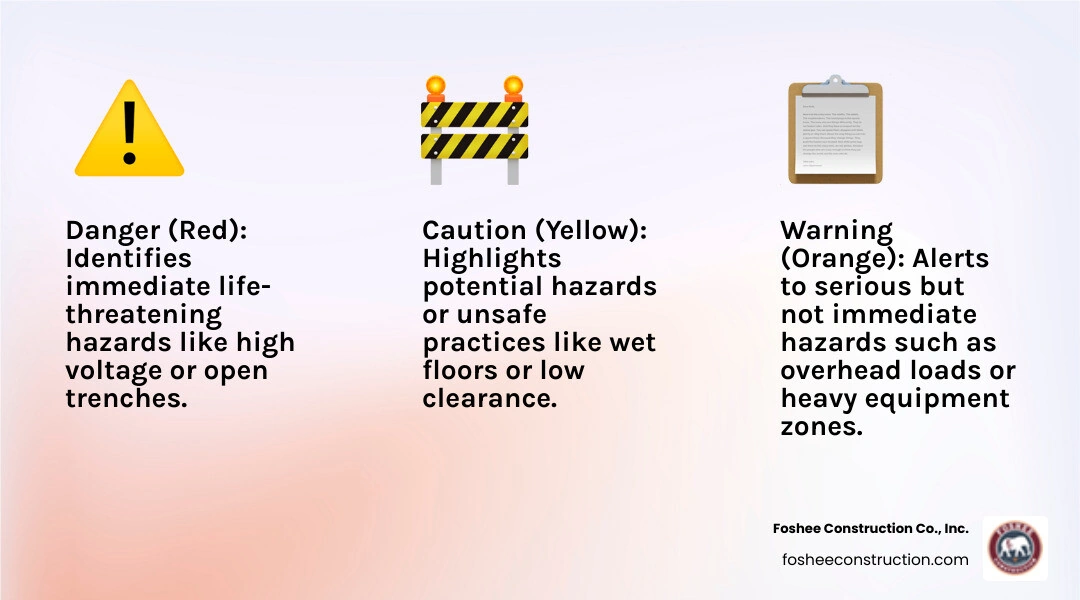 Hierarchy of hazard communication and construction sign color-coding by signal word - construction site safety signage