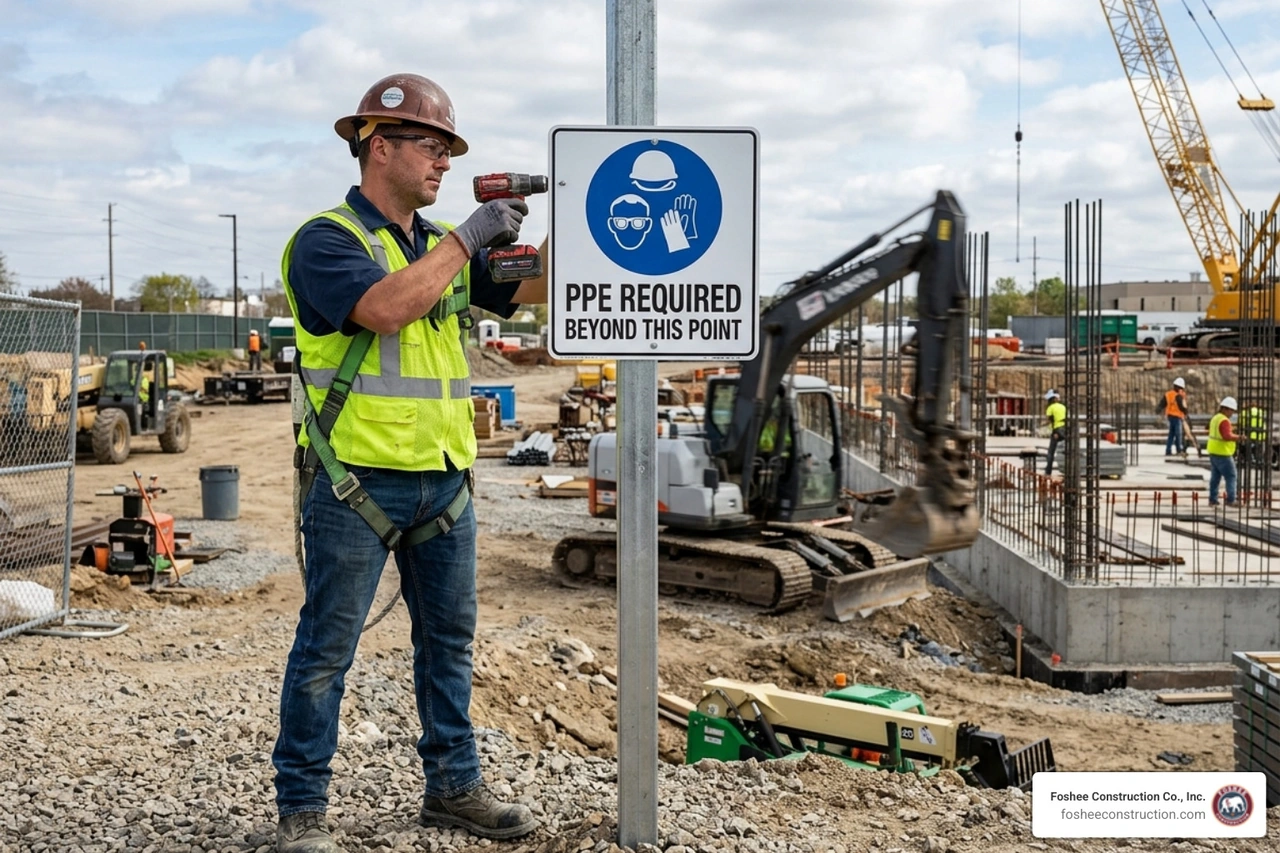 Worker installing a safety sign at the correct height for maximum visibility - construction site safety signage