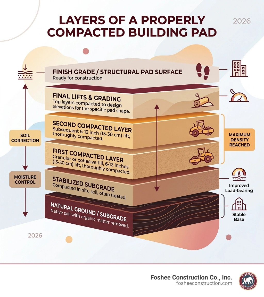 Infographic showing the layers of a properly compacted building pad - grading and excavating contractor infographic 