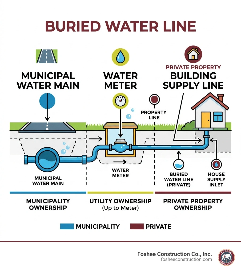 Infographic showing connection from municipal water main through meter to private property building supply line - buried Infographic showing connection from municipal water main through meter to private property building supply line - buried