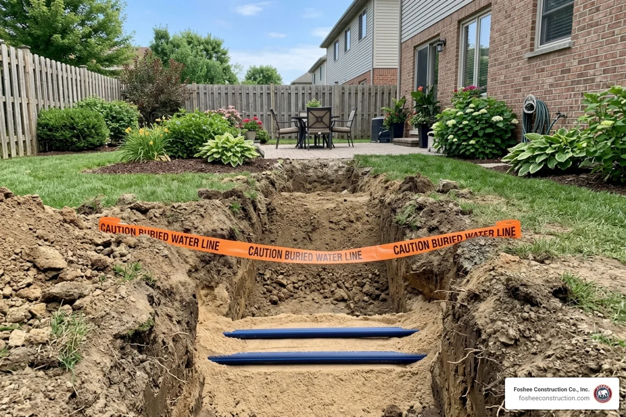 A water line buried at the correct depth with proper bedding material and warning tape - buried water line A water line buried at the correct depth with proper bedding material and warning tape - buried water line