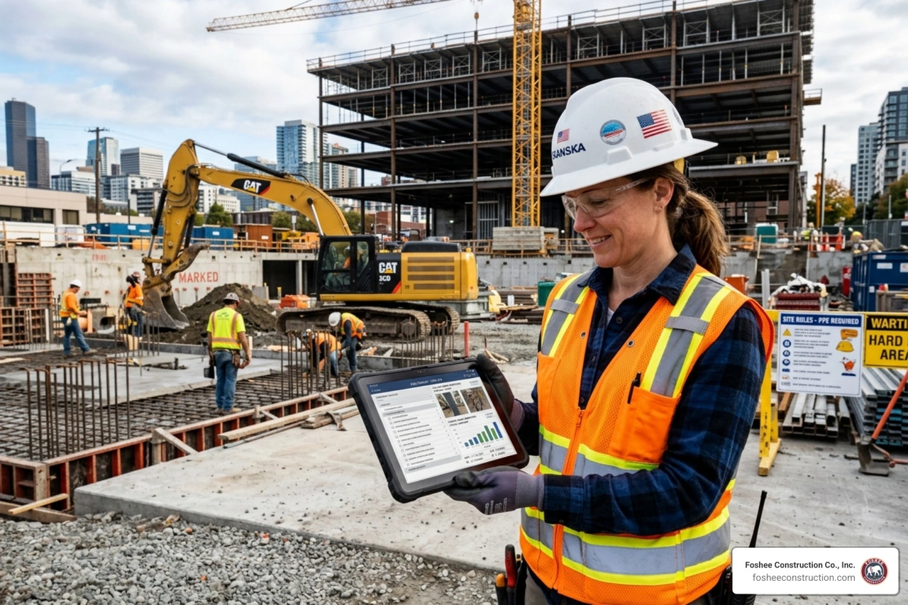 Digital inspection report on a tablet being used by a site manager - construction site inspection