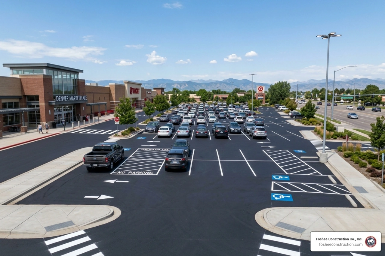 A freshly paved commercial parking lot with crisp white striping and concrete curbs - grading and paving companies near me