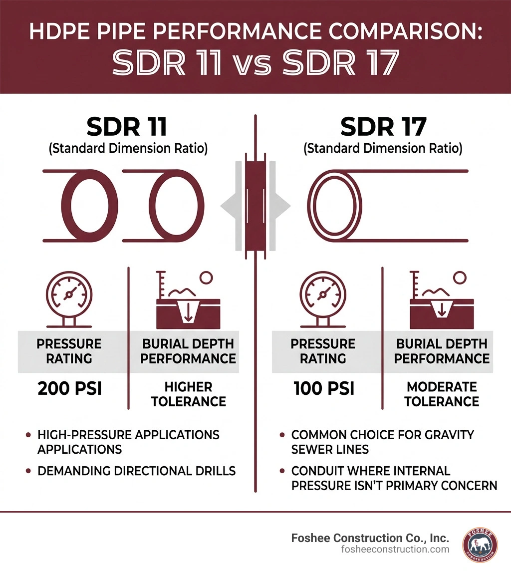 Table comparing SDR 11 and SDR 17 performance for pressure and burial depth - hdpe pipe underground utilities infographic 