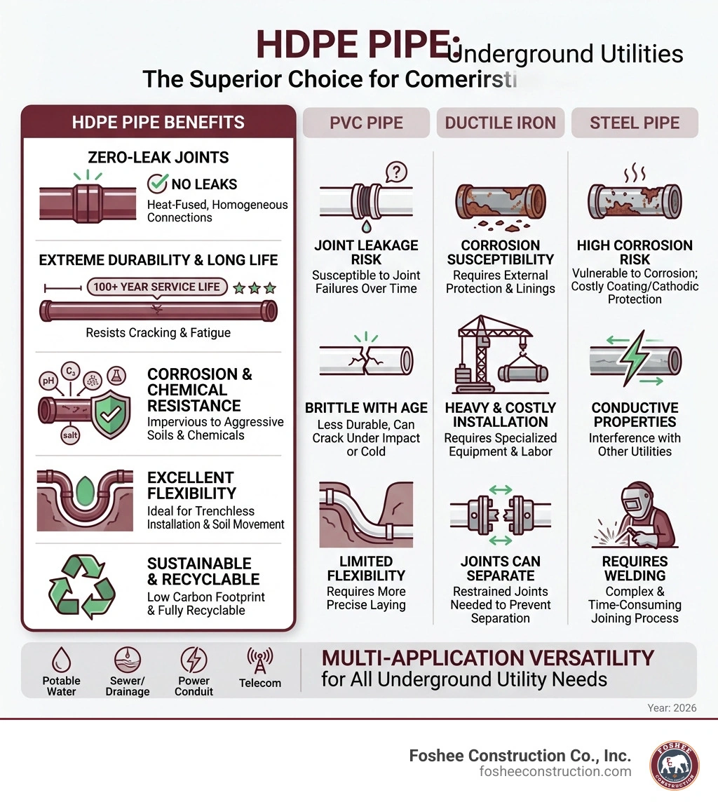 Infographic comparing HDPE pipe benefits over PVC, ductile iron, and steel for underground utilities - hdpe pipe underground