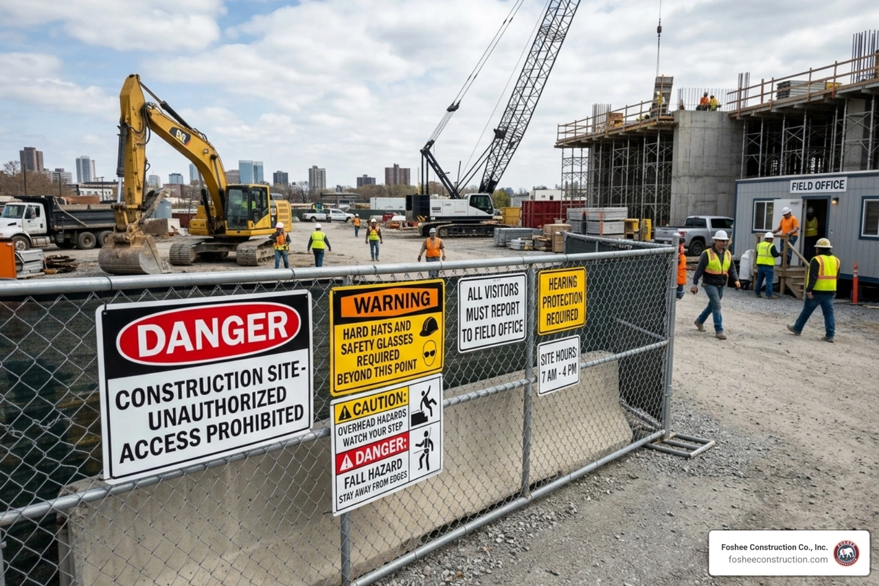 Safety signage on a perimeter fence at a construction site - osha construction site requirements