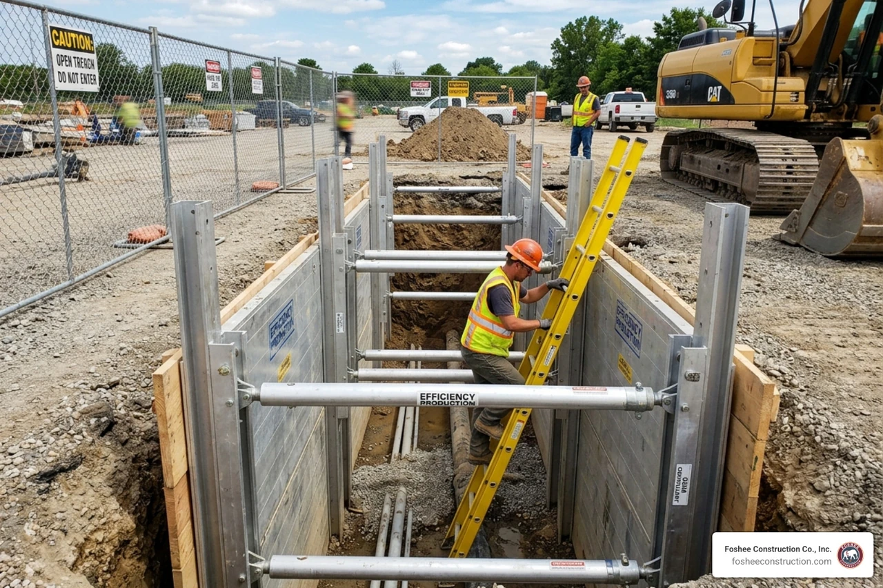 Trench with a professional shoring system and ladder for access - osha construction site requirements