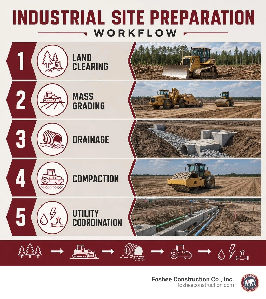 Industrial site preparation workflow: land clearing, mass grading, drainage, compaction, utility coordination infographic Industrial site preparation workflow: land clearing, mass grading, drainage, compaction, utility coordination infographic