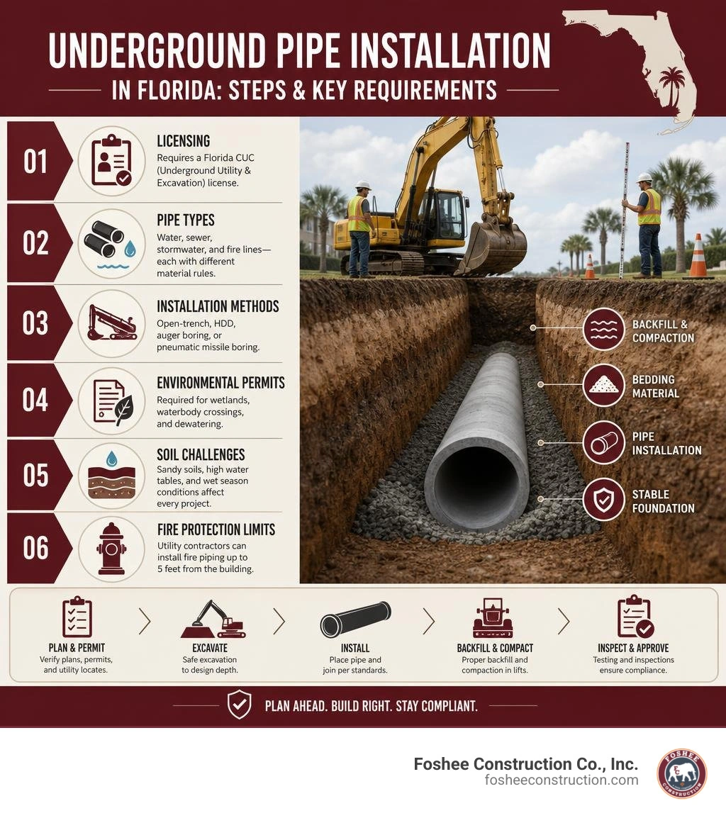 Steps and key requirements for underground pipe installation in Florida overview infographic infographic