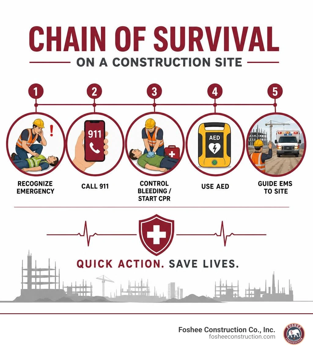 Infographic: Chain of survival on a construction site — Recognize emergency, Call 911, Control bleeding/start CPR, Use AED