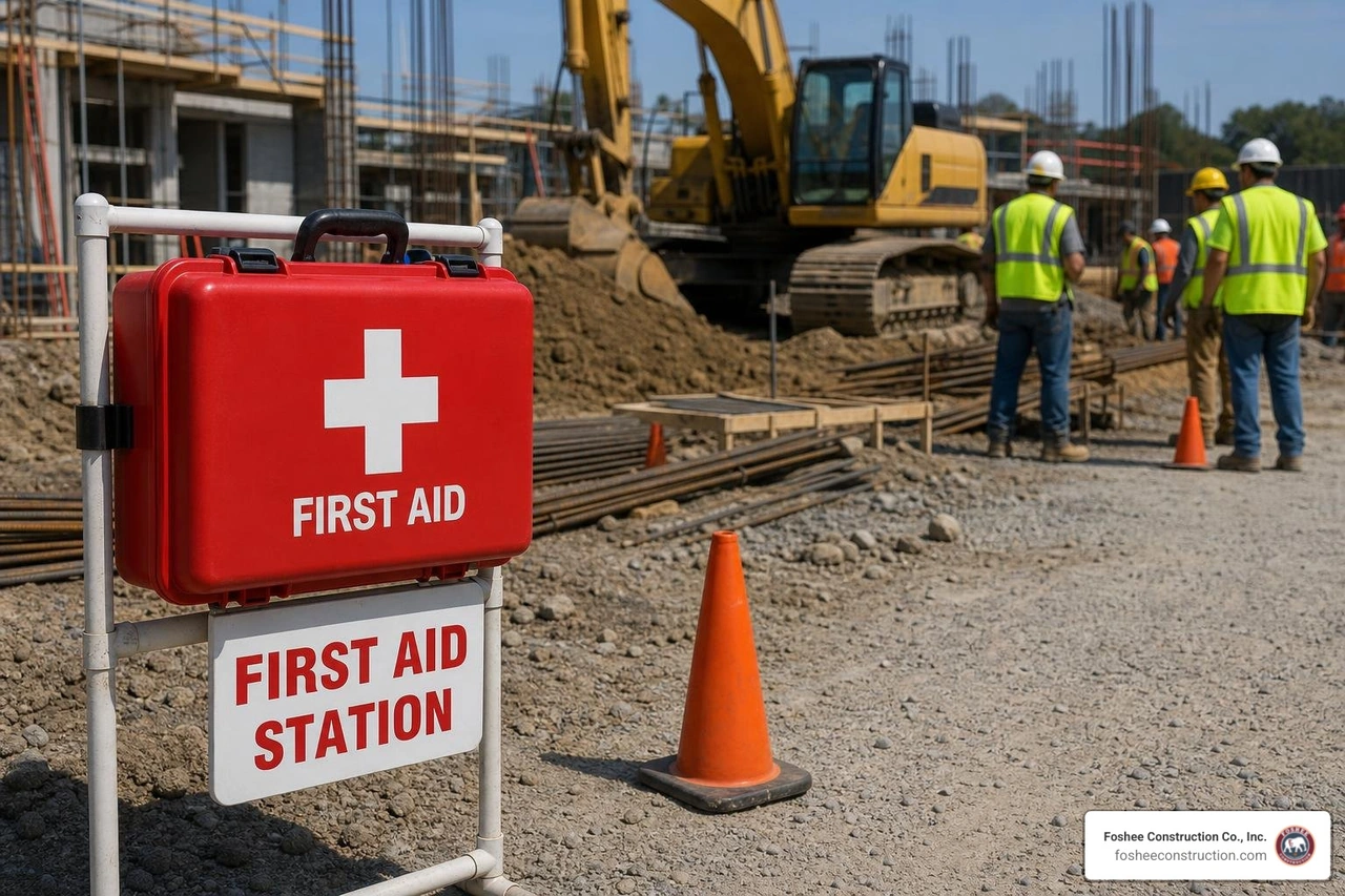 First aid kit station on a busy construction site