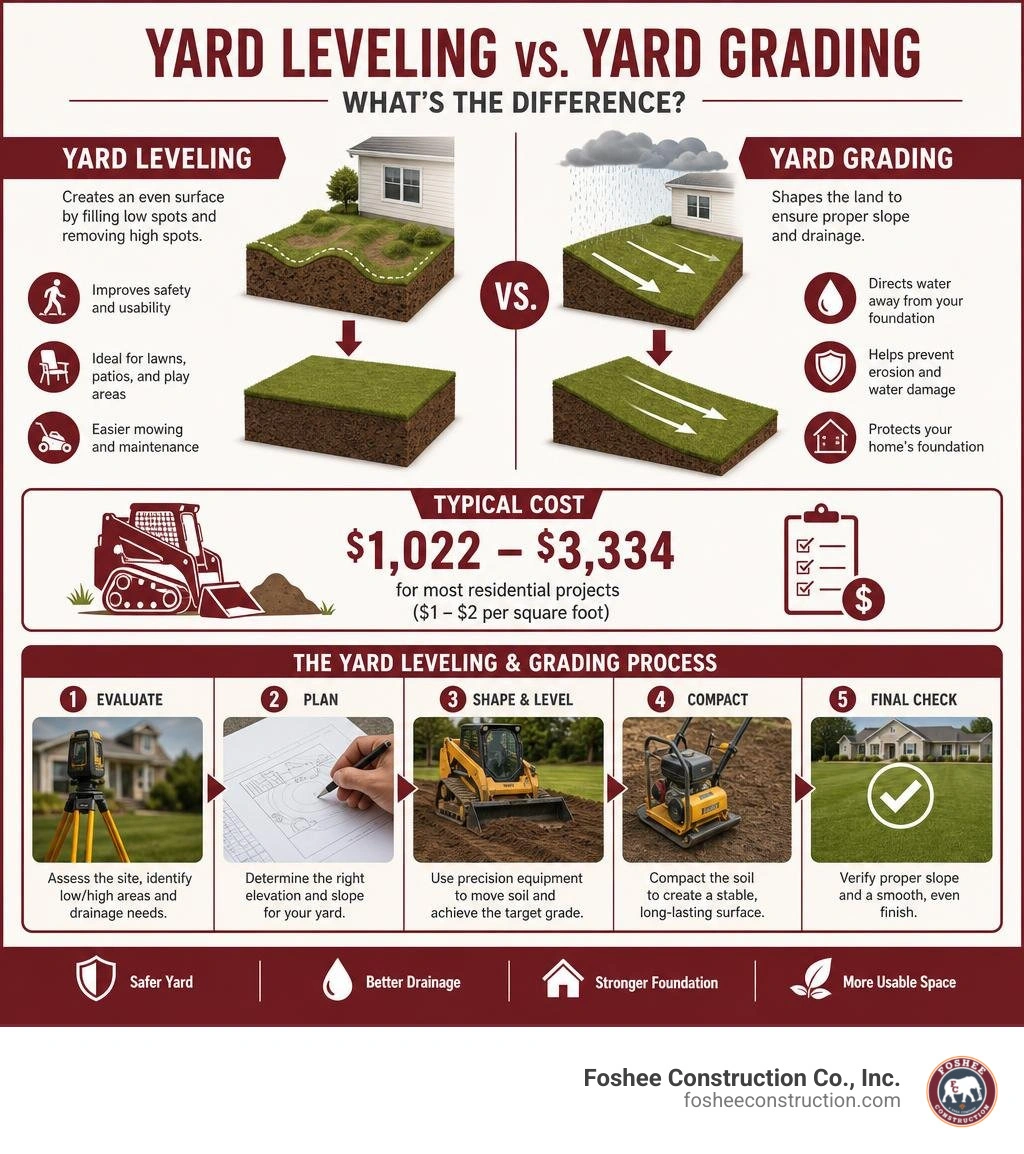 Infographic showing the difference between yard leveling and yard grading, costs, and key steps infographic Infographic showing the difference between yard leveling and yard grading, costs, and key steps infographic