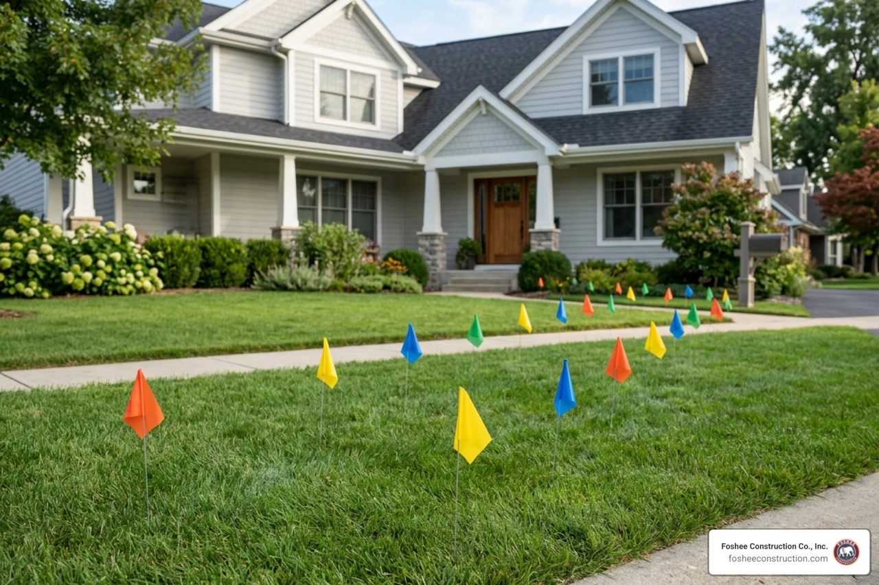 Utility flags marking underground lines in a residential yard Utility flags marking underground lines in a residential yard