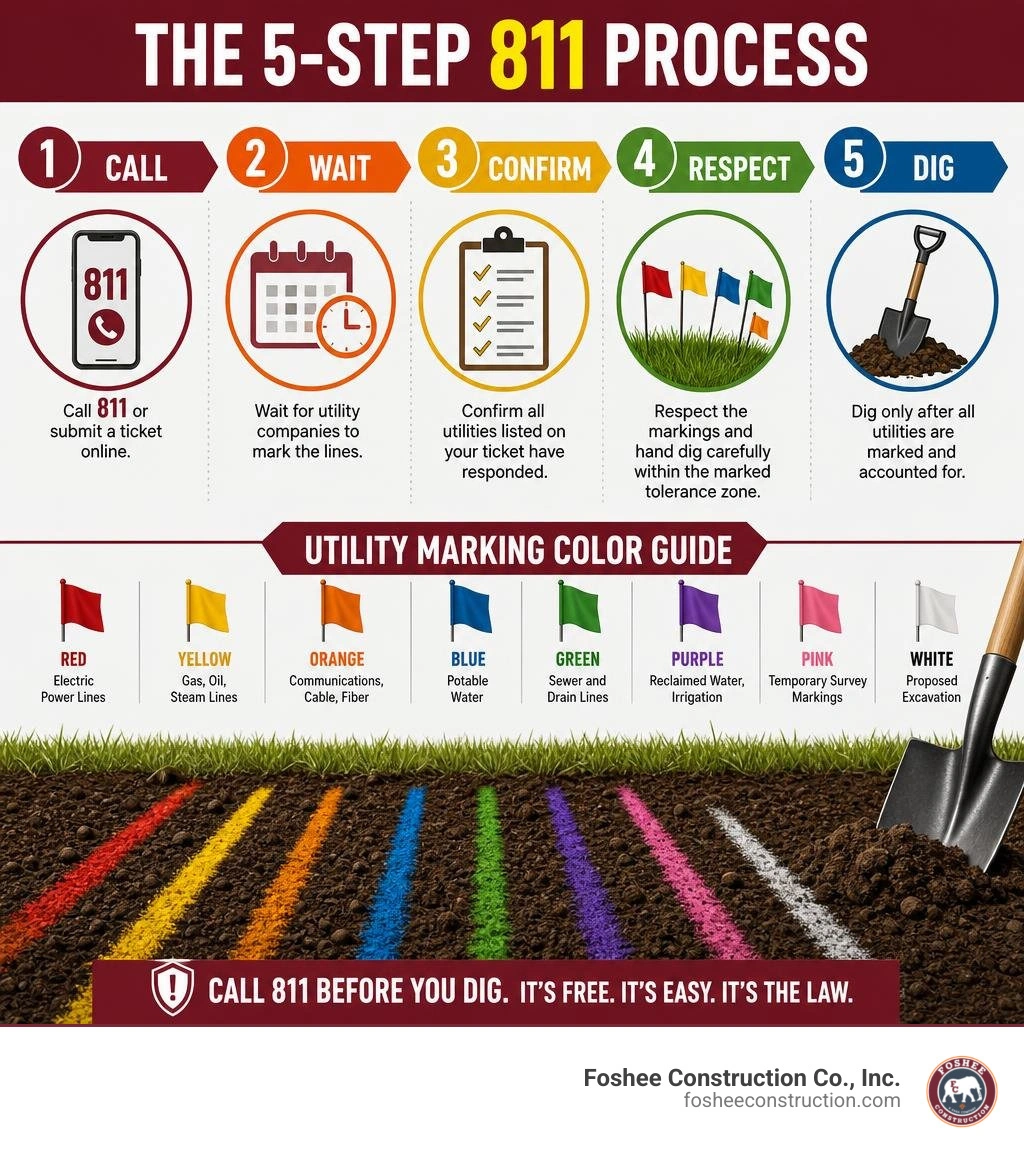 Infographic showing the 5-step 811 process: Call, Wait, Confirm, Respect, Dig with color-coded utility markings guide Infographic showing the 5-step 811 process: Call, Wait, Confirm, Respect, Dig with color-coded utility markings guide