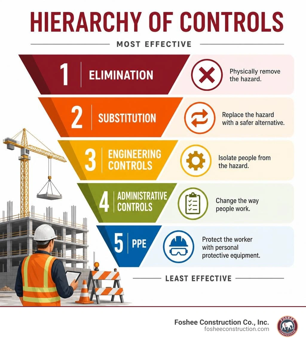 Hierarchy of controls infographic showing elimination, substitution, engineering controls, administrative controls, and PPE