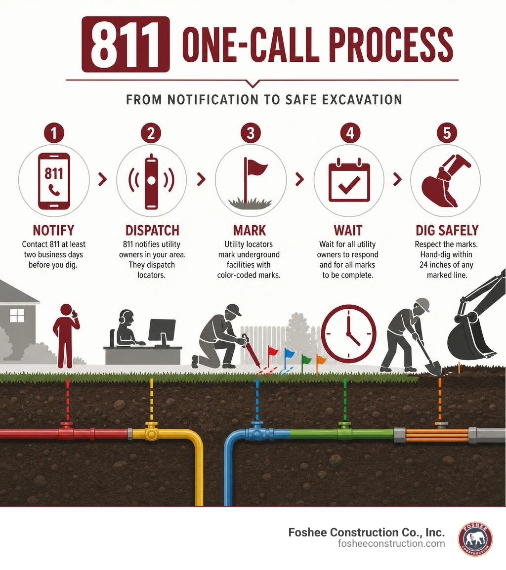 Infographic showing the 811 one-call process from notification to safe excavation infographic