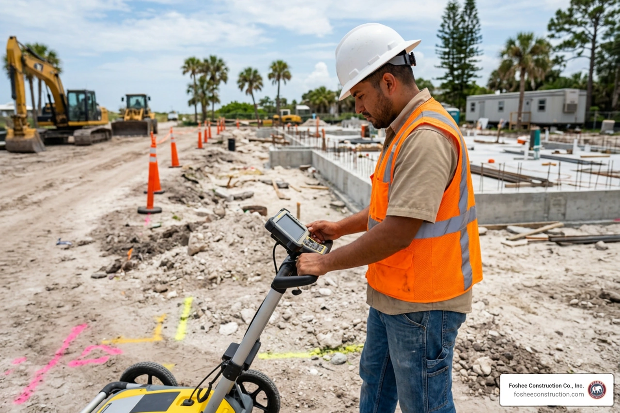 Ground penetrating radar equipment in use on a Florida construction site