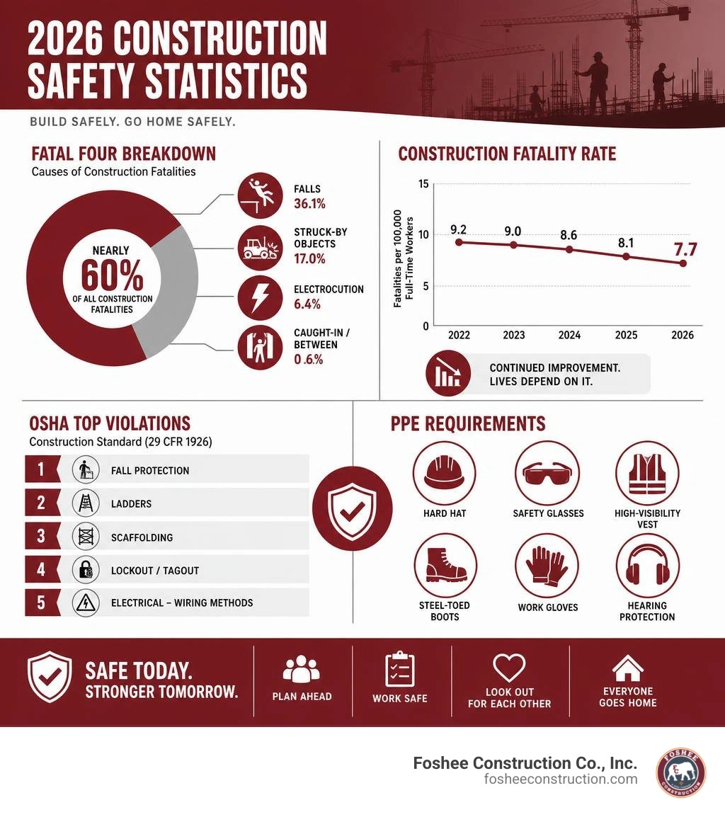 2026 construction safety statistics infographic: Fatal Four breakdown, fatality rates, OSHA top violations, and PPE