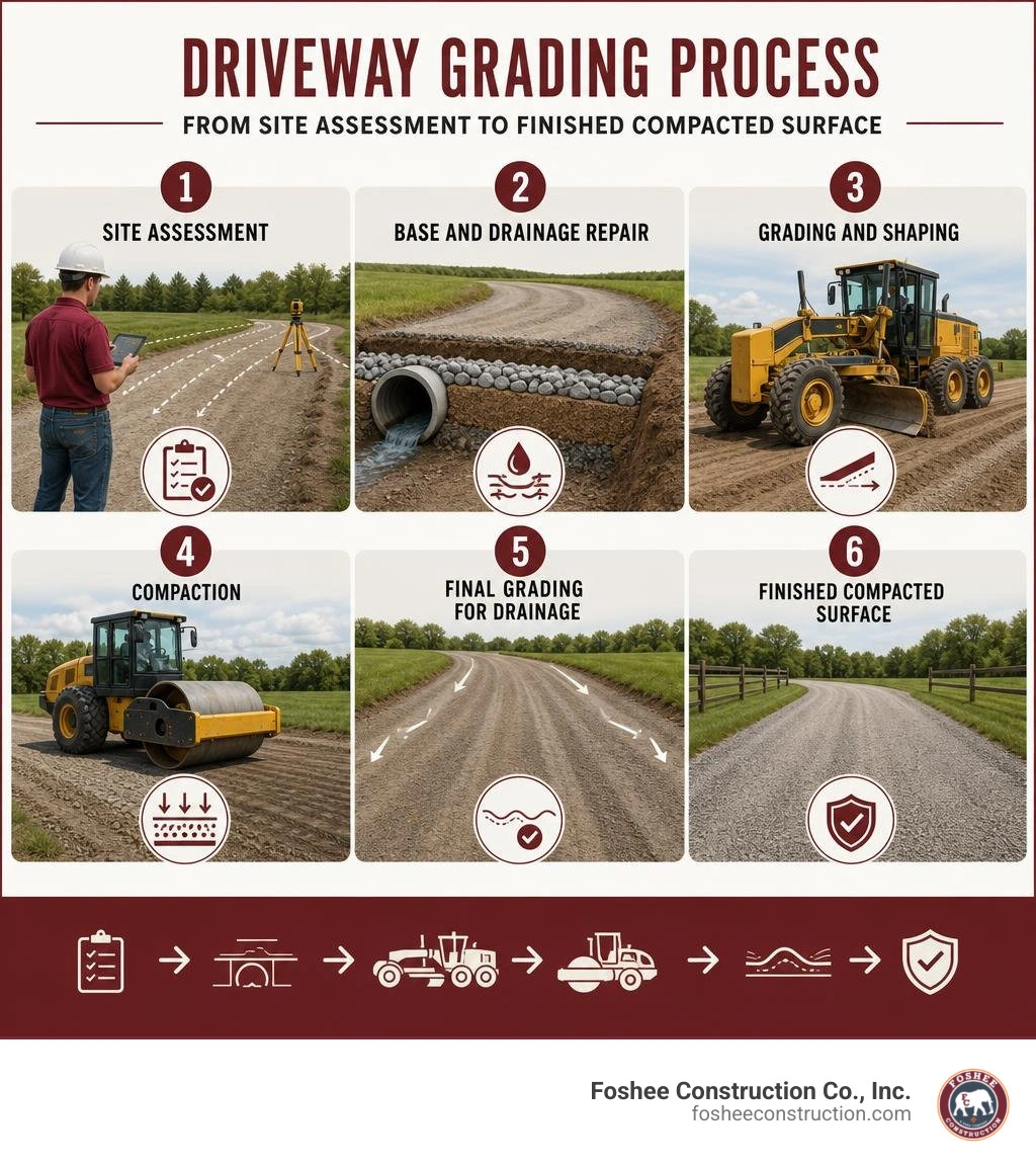 Driveway grading process steps from site assessment to finished compacted surface infographic