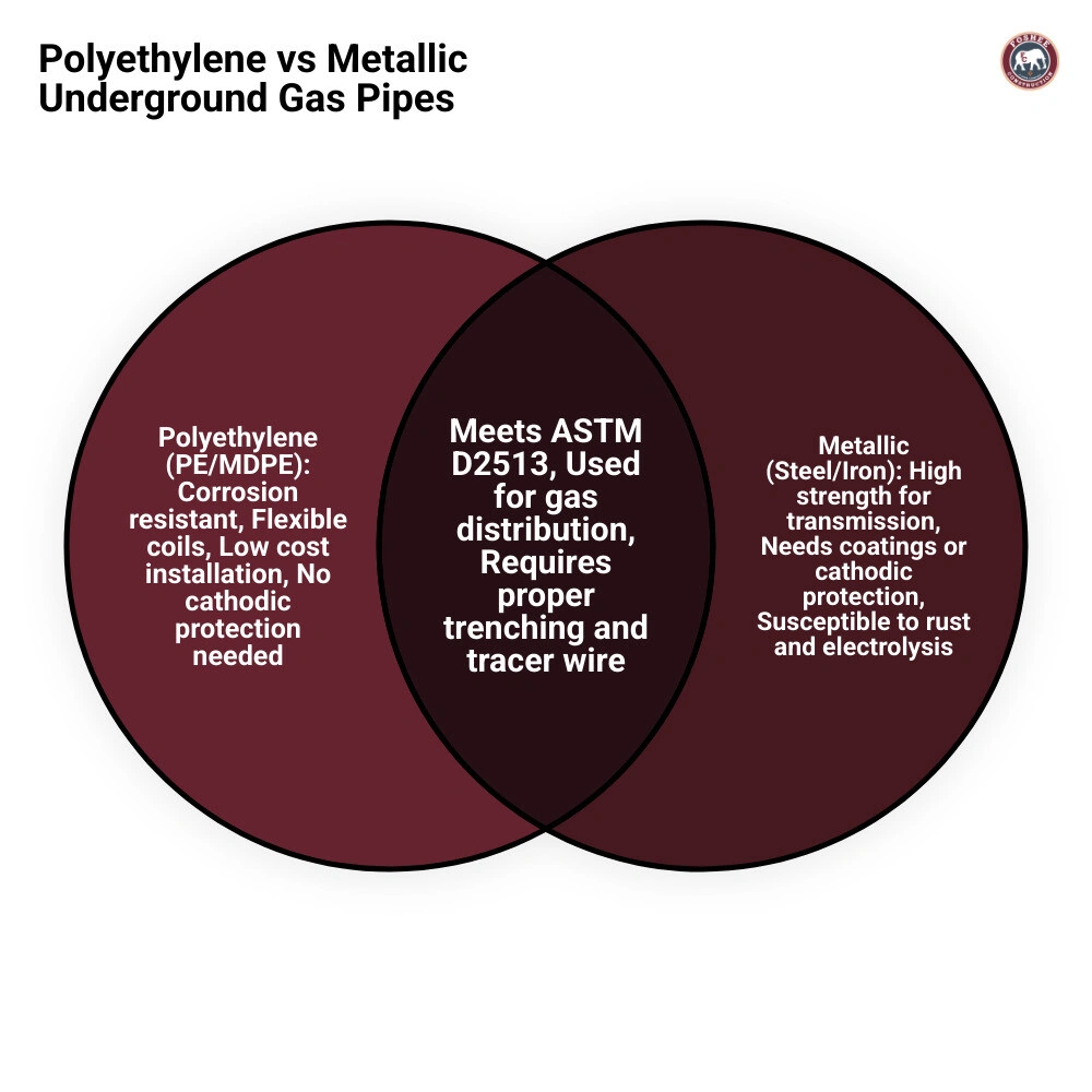 Table comparing Polyethylene and Metallic piping for underground gas showing corrosion resistance, cost, and installation Table comparing Polyethylene and Metallic piping for underground gas showing corrosion resistance, cost, and installation