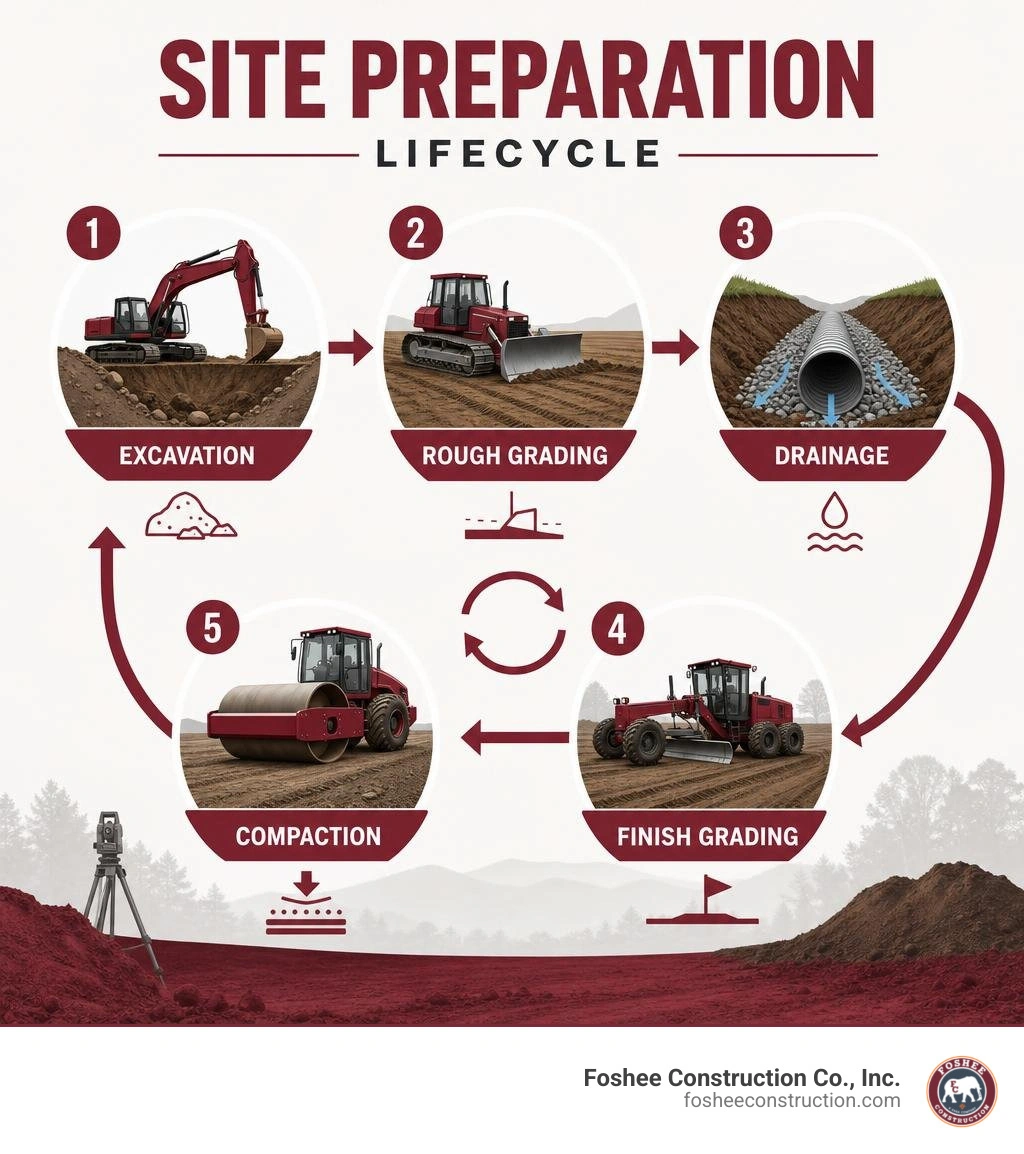 Site preparation lifecycle infographic showing excavation, rough grading, drainage, finish grading, and compaction steps Site preparation lifecycle infographic showing excavation, rough grading, drainage, finish grading, and compaction steps