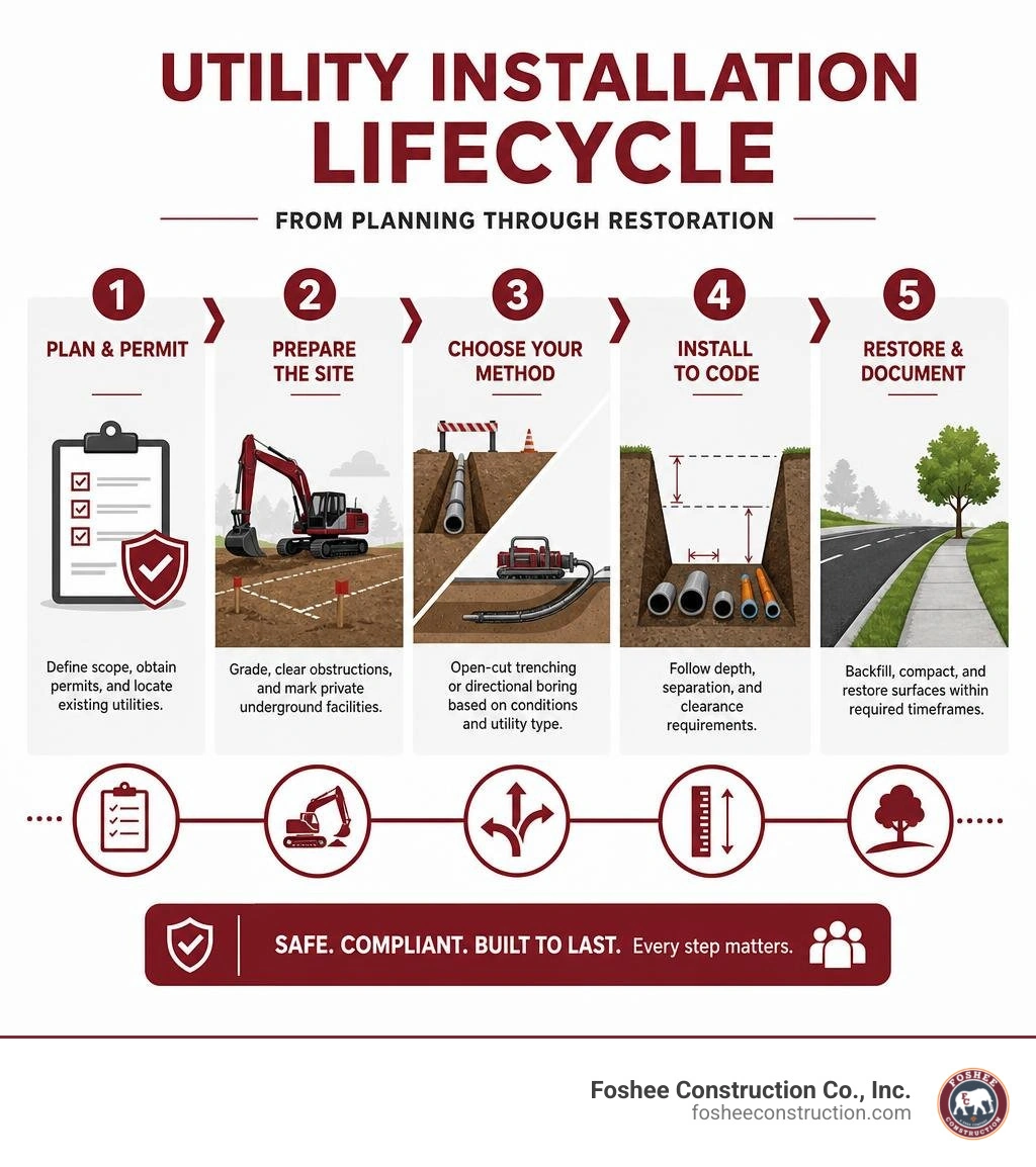 Utility installation lifecycle from planning through restoration infographic infographic Utility installation lifecycle from planning through restoration infographic infographic